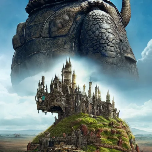 Image similar to large fantasy victorian castle rising from the top of a giant moving tortoise standing on all four legs, towering over a harsh barren sandy wasteland, distant shot angled slightly up, fantasy, hyper detailed, 4 k, howls moving castle, mortal engines, kaiju,