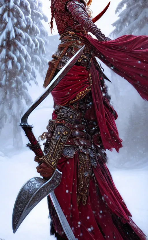 Image similar to crimson viking warrior, regal, elegant, winter, snow, beautiful, stunning, hd, illustration, epic, d & d, fantasy, intricate, elegant, highly detailed, wide angle, digital painting, artstation, concept art, smooth, sharp focus, illustration, wallpaper, art by artgerm and greg rutkowski and alphonse mucha and jin xiaodi