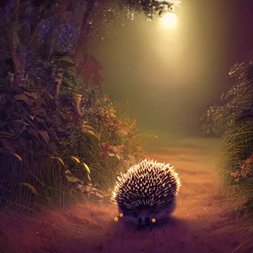 Prompt: hedgehog running into the bushes in sweden in the darkness, digital art, cinematic lighting, trending on artstation, very detailed