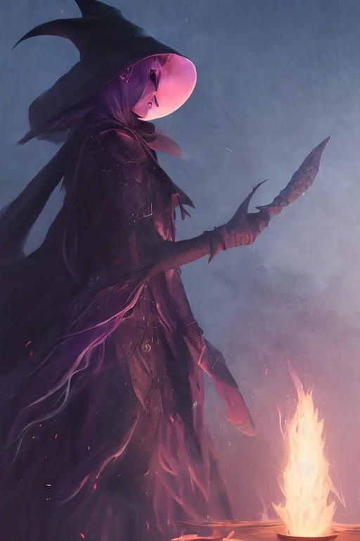 Image similar to a beautiful dark magician girl with a large witches hat that covers her face by Greg Rutkowski, Sung Choi, Mitchell Mohrhauser, Maciej Kuciara, Johnson Ting, Maxim Verehin, Peter Konig, final fantasy , mythical, 8k photorealistic, cinematic lighting, HD, high details, atmospheric,