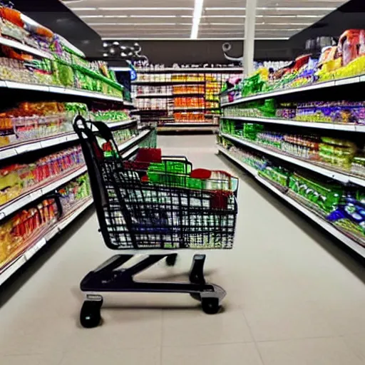 Prompt: a shopping cart made of unique technology, cameras, lasers, in the style of an apple product, futuristic, inside of a grocery store