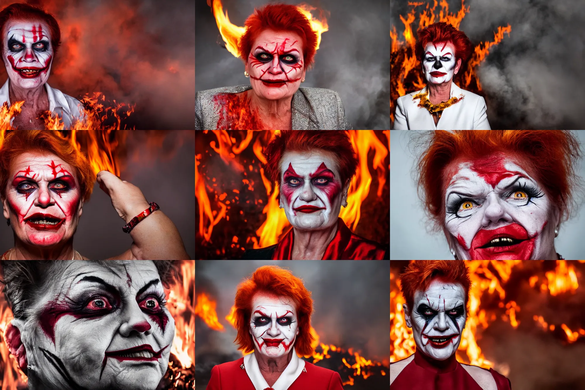 Prompt: Pauline Hanson as The Joker, smudged red and white makeup, scowling expression, standing in hell surrounded by fire and flames and bones and brimstone, portrait photography, depth of field, bokeh