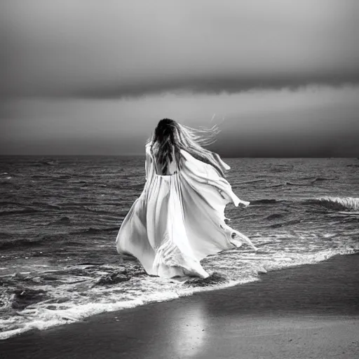 Prompt: A visibly melancholic sad and astonishingly beautiful woman walking over the ocean surface. tumultuous sea. cloudy. long wavy hair. long wavy white dress. black and white. 24mm lens. shutter speed 1/30. iso 350. f/5.6 W-1024