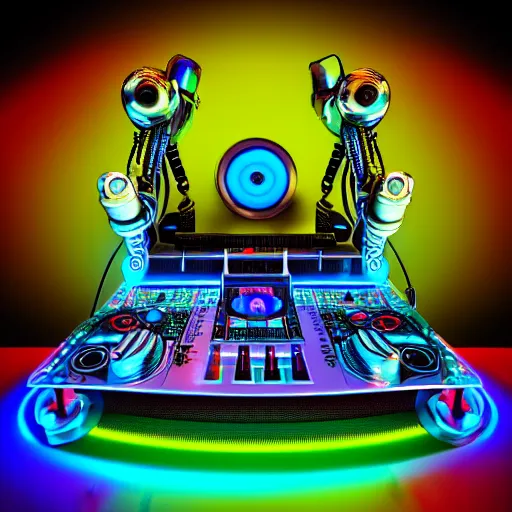 Prompt: album art for a dj, the album is called : dj roborock, big letters dj roborock, 3 steampunk robot heads with robot arms on a dj desk with a cd mixer, 8 k, fluorescent colors, halluzinogenic, multicolored, exaggerated detailed, front shot, 3 d render, octane