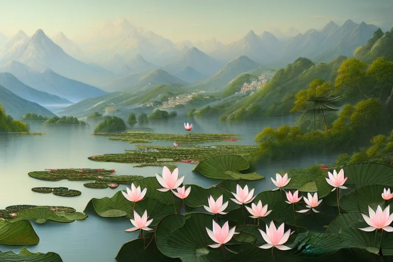 Prompt: an ultradetailed landscape painting of a panorama view of westlake, lotus and lotus seed, osmanthus blossoms nearby, fine wind, highly detailed, artstation, concept art, smooth, sharp focus, illustration, by asher brown durand, 8 k