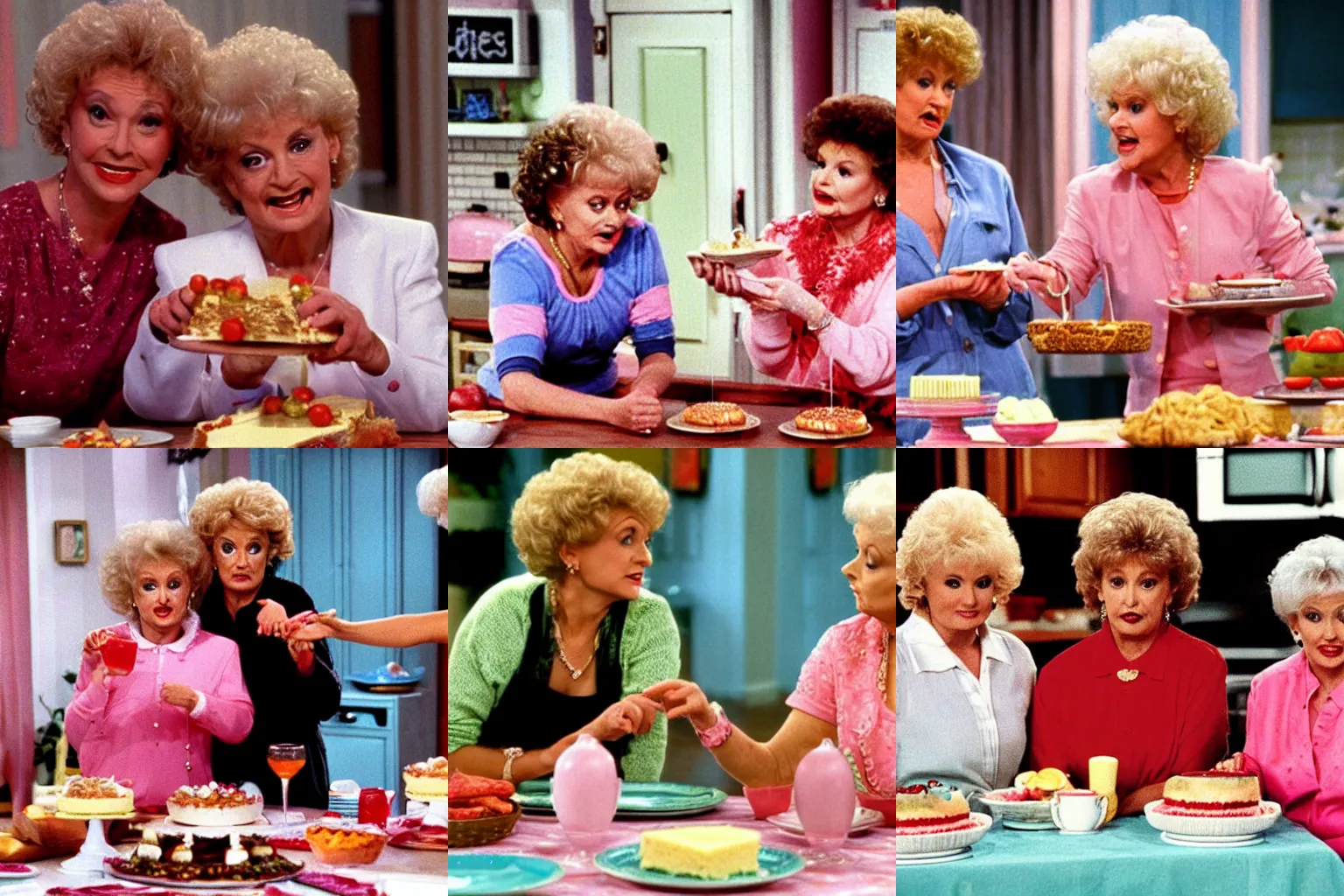 Prompt: a promotional still of the tv show golden girls ( 1 9 9 0 ), rose and dorothy are in the kitchen table eating cheesecake.