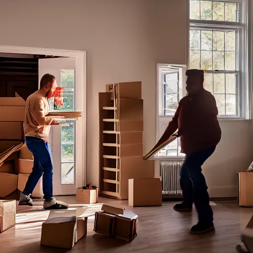 Image similar to cinematic photo of removalists moving furniture into a gingerbread house in the early morning