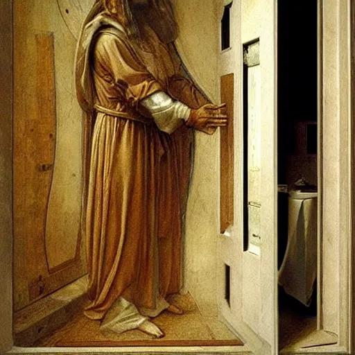 Image similar to photo - realism, space astronaut opening door that shows space and time like jesus christ portrait created by leonardo davinci with extra detail, epic, perfection.