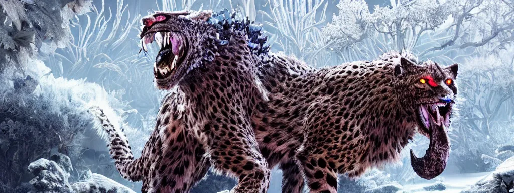Prompt: large black sabretooth cheetah with shiny blue fish scales skin and silver lightning tail, walking in a dense alien snow covered frosty jungle, with snow covered colourful red, blue and purple plants, large vines, snow covered arched organic rock structures, in the style of monster hunter world, like concept art on artstation, hyperdetailed, vray render, octane render,