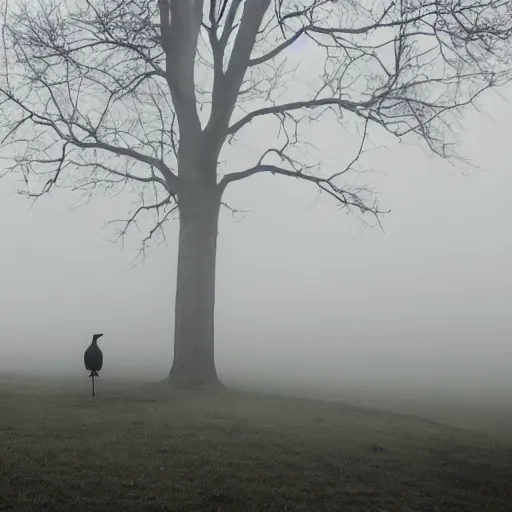 Image similar to two crows staring at you ominously, spooky background with dark trees in the fog