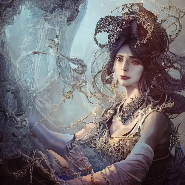 Image similar to the portrait of the lawful evil sorceress lawyer as an absurdly beautiful, graceful, elegant, sophisticated, woman, an ultrafine hyperdetailed illustration by kim jung gi, irakli nadar, intricate linework, bright colors, octopath traveler, final fantasy, unreal engine 5 highly rendered, global illumination, radiant light, detailed and intricate environment