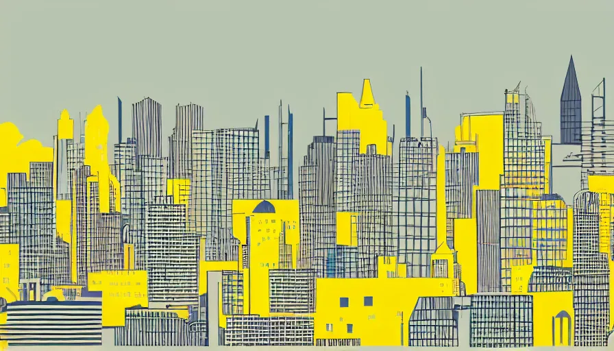 Prompt: a minimalist illustration of a yellow city skyline with