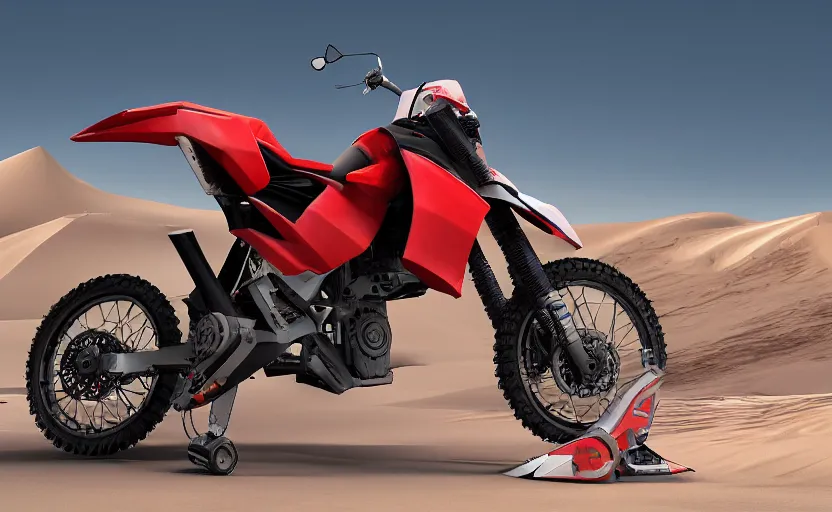 Prompt: prototype, futuristic dakar motorbike, dakar race, sand and desert in background, symmetrical mechanical features, off - road, designed by professional, smooth curvatures, brushed red and blue paint, hard surfaces modelling, dramatic lighting, hyper realistic rendering, octane, depth of field, bokeh effect, 4 k