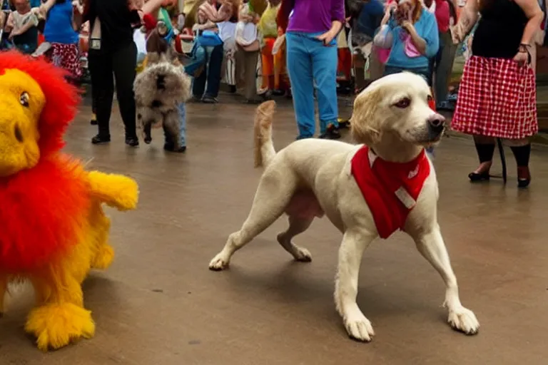 Prompt: dog dancing with ronald mcdonald