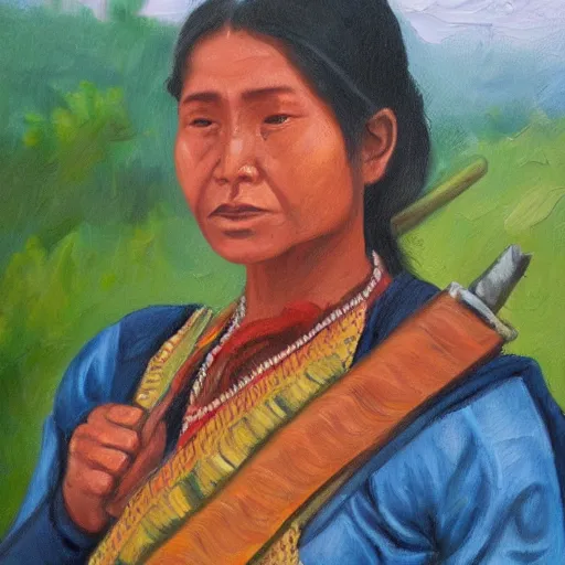 Image similar to a nepali woman carrying a sword, fierce, oil painting