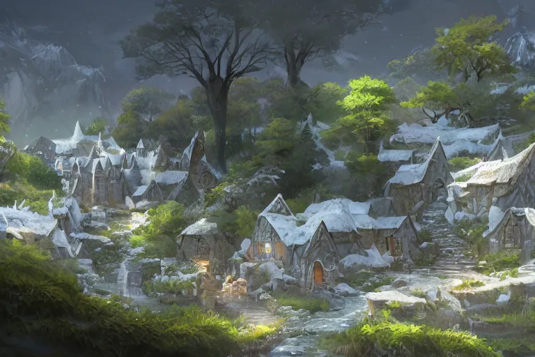 Image similar to A small elven village with white rectangular architecture in an open field, a winding white pathwalk and a small brook running through, clear blue skies in the background, by Sylvain Sarrailh and Samantha Kung, D&D, high fantasy, 8k photorealistic, cinematic lighting, HD, high details, concept art, trending on artstation