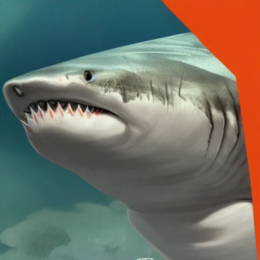 Image similar to great white shark tiger shark, side view, with a silver and orange striped traffic cone construction cone on its dorsal fin, ocean background detailed atmospheric - ron cheng & alphonse mucha, highly detailed, digital painting, ray tracing, concept art, illustration, smooth sharp focus, intricate, symmetry, artstation,