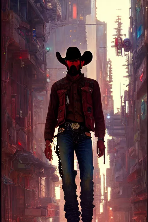 Image similar to a cowboy in a cyberpunk setting, western, cyberpunk, 8 k, by john william waterhouse and nasreddine dinet, oil on canvas, cinematic, hyper realism, high detail, dramatic lighting