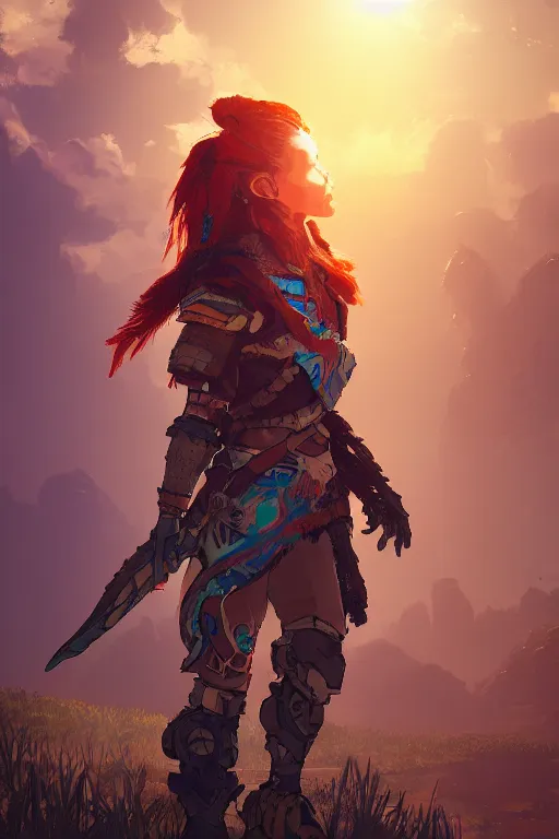 Image similar to combination suit armor aloy horizon forbidden west horizon zero dawn radiating a glowing aura global illumination ray tracing hdr fanart arstation by ian pesty and alena aenami artworks in 4 k tribal robot ninja mask helmet backpack