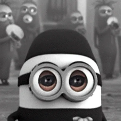Prompt: grainy black and white photo of minion from despicable me wearing gas mask in ww 2