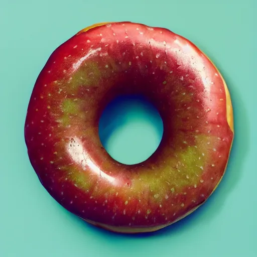 Image similar to Perfectly circular donut!!!!! in the style and shape of an apple!!!!!!, blended colors!!!!!, trending on artstation, 4k, 8k, professional photography, overhead shot, 35mm lens