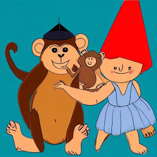 Prompt: mowgli hugging a monkey with a birthday hat on, sister, love, highly detailed