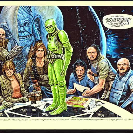 Image similar to the crew of the nostromo playing dungeons & dragons, alien 1 9 7 9, ron cobb, highly detailed, comic book, science fiction, used future