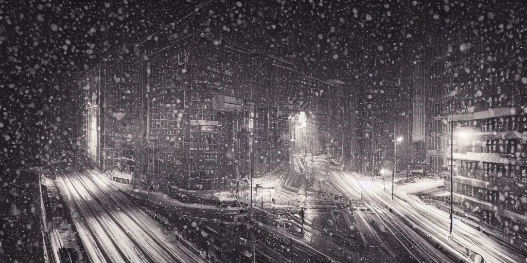 Image similar to a city street at night, snowing, photograph, cyberpunk, sharp focus, intricate detail, Desolate, drone shot, high resolution, 8K