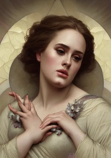 Prompt: adele, intricate, elegant, ethereal highly detailed, digital painting, artstation, concept art, smooth, sharp focus, illustration, art by artgerm and greg rutkowski and alphonse mucha and william - adolphe bouguereau