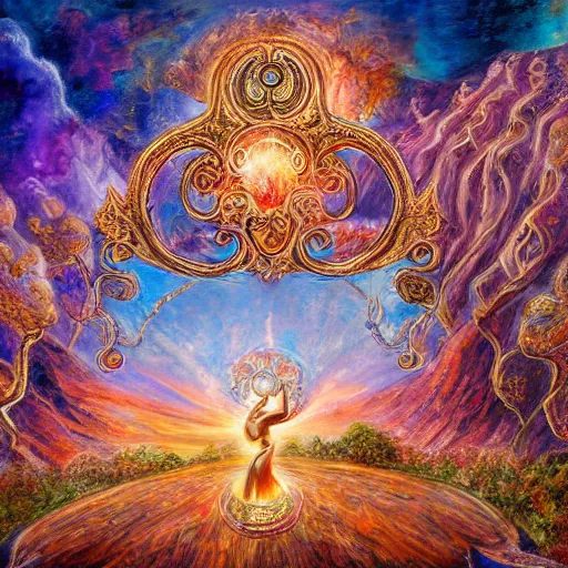 Image similar to a painting by josephine wall depicting aires as a goddess large ram horns, checking her cell phone, erupting volcano and sunrise in distance in background, flowers in foreground, acrylic on canvas, intricately detailed, highly detailed, high resolution, hd, 8 k, wallpaper, trending on artstation, zodiac, fantasy