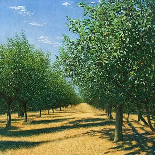 Image similar to dismal pine green by david ligare, by steve hanks. a beautiful photograph depicting a farm scene. the photograph shows a view of an orchard with trees in bloom.