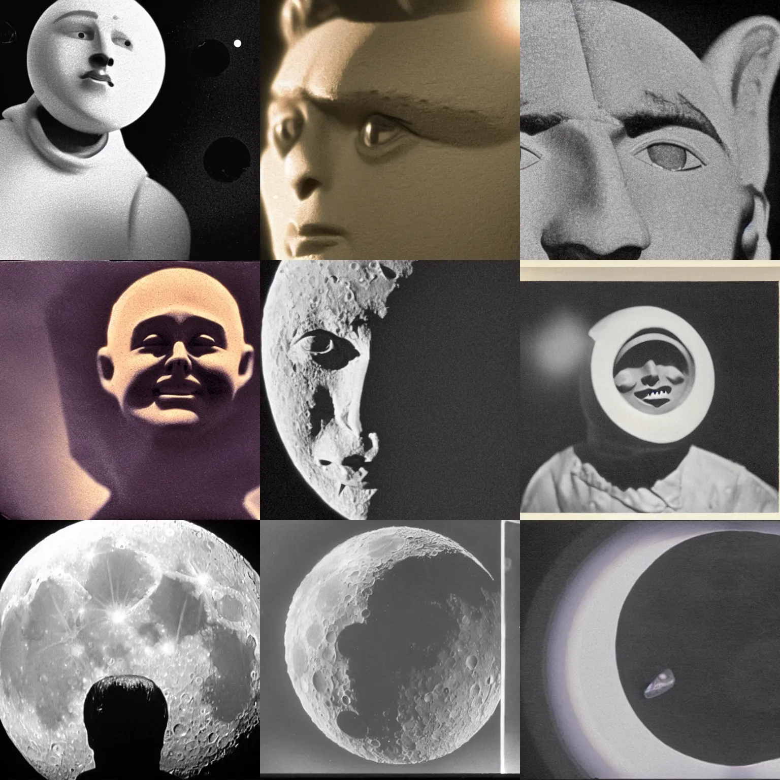 Prompt: closeup of the moon with a male human face. a rocket has crashed into one of his eyes and he is grimacing. cinematic, volumetric lighting, a scene from 1 9 0 2 film'a trip to the moon'