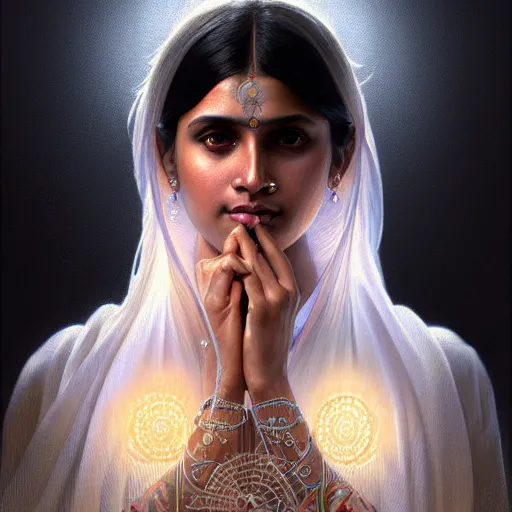 Image similar to ultra realistic illustration, a indian digital ghost, transparent, static, intricate, elegant, highly detailed, digital painting, artstation, concept art, smooth, sharp focus, illustration, art by artgerm and greg rutkowski and alphonse mucha