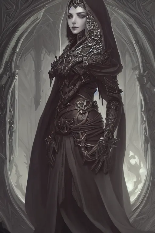 Image similar to beautiful necromancer, full body shot, hood, d & d, fantasy, intricate, elegant, highly detailed, digital painting, artstation, concept art, matte, sharp focus, illustration, hearthstone, art by artgerm and greg rutkowski and alphonse mucha, made with charcoal