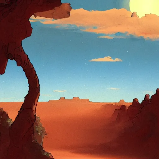 Image similar to desert scene, red sun, fantasy art, illustration, animated film, by studio ghibli