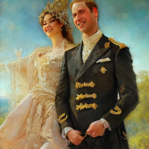 Prompt: detailed painting of prince william marrying attractive gigi hadid, highly detailed painting by gaston bussiere, craig mullins, j. c. leyendecker 8 k, 4 k, smiling couple, royal painting, human face, watercolor