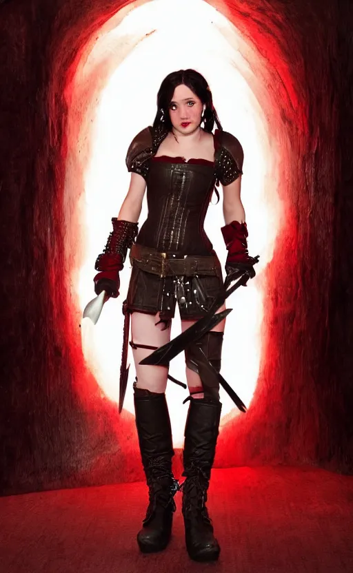 Prompt: epic fantasy d & d female halfling rogue, black hair, red leather corset, cinematic, beautiful lighting, heroic
