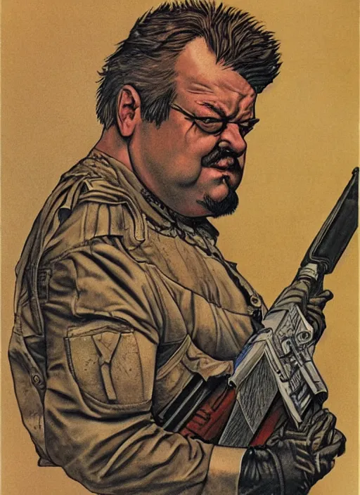 Image similar to gk chesterton as a buff mercenary with tattoos and a shotgun. portrait by james gurney and mœbius.