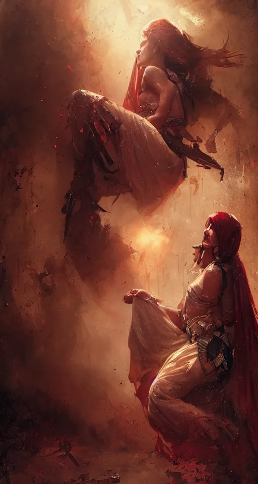 Image similar to arabian princess crying blood in War scene ,digital art,ultra realistic,ultra detailed, ultra wide Lens, art by greg rutkowski