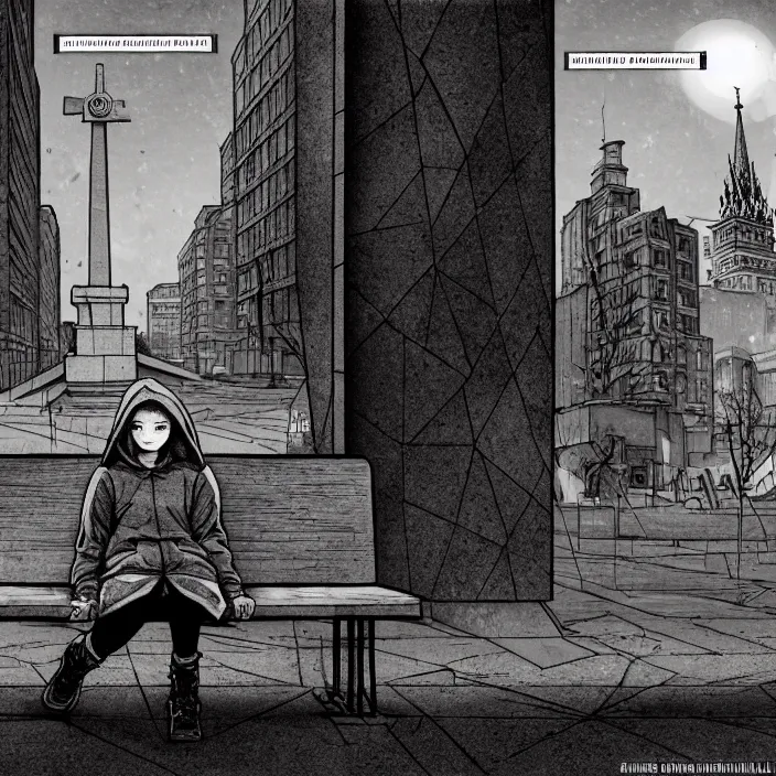 Image similar to storyboard : sadie sink in hoodie sits on bench in ruined square, pedestrians walk by, soviet monument and propaganda posters. scifi cyberpunk. by gabriel hardman. cinematic atmosphere, detailed and intricate, perfect anatomy