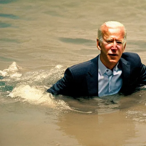 Image similar to film still, close up, joe biden rising out of water like in apocalypse now, 2 6 mm,