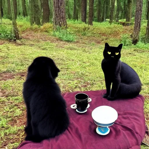 Prompt: golden retriever and a black kitty having a tea party in the forest