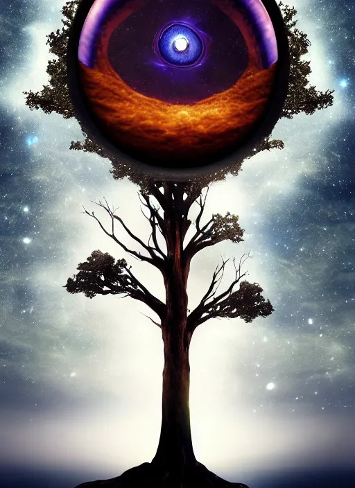 Image similar to a god tree from which planets or galaxies hang instead of futas, the tree is on top of a calm sea, in the background there is an eye whose iris coincides with the tree. fantasy art, horror, nightmare, photo realistic, dynamic lighting, artstation, poster, volumetric lighting, very detailed faces, 4 k, award winning