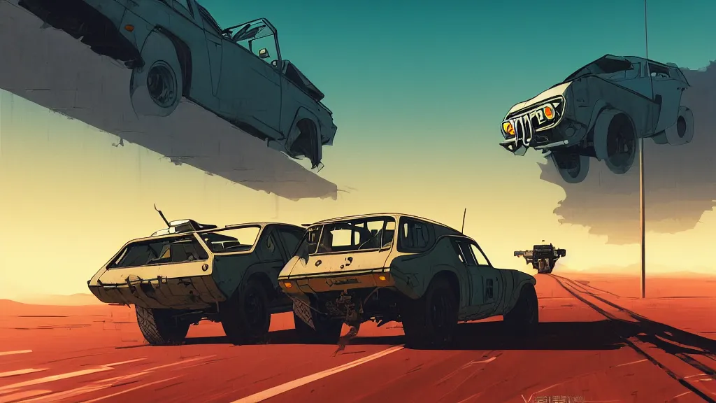 Image similar to digital illustration of mad max's fj 4 0 pursuit special, the last v 8 interceptor driving down a deserted cyberpunk highway in the middle of the day by studio ghibli, anime style year 2 0 9 3, by makoto shinkai, ilya kuvshinov, lois van baarle, rossdraws, basquiat