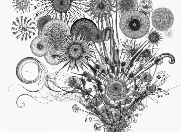 Prompt: surreal line art by denis villeneuve, a drawing of a bunch of flowers on a white background, a digital rendering by earnst haeckel, behance contest winner, generative art, digital illustration, made of flowers, behance hd, top view