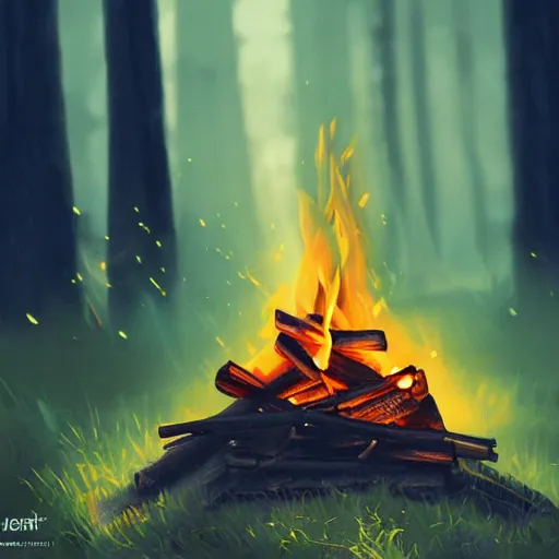 Image similar to beautiful close up zoom up campfire in the woods at night, warmth, stylized, artgerm, artstation, hd, cgsociety, cgi, realistic, dramatic, cinematic, artistic, trending, detailed