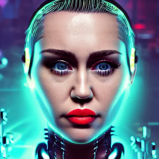 Image similar to miley cyrus portrait, Cyberpunk 2077, photorealistic, ultra detailed, cybernetic head, neon, octane, bokeh, cyber, cyber style, feature, scars, cyberface, 8k