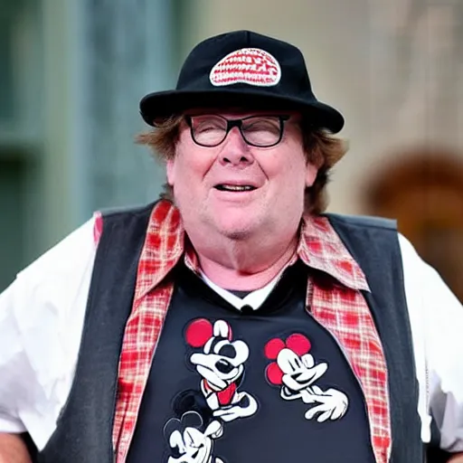 Image similar to Michael moore wearing a mickey mouse hat, tons of disney pins on his vest