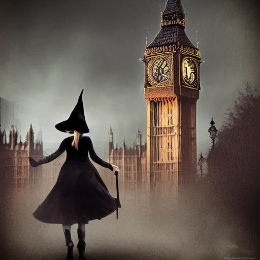 Image similar to A witch wearing a hat riding her broom near the Big Ben,gloomy lighting,creepy atmosphere,photo , highly detailed , high contrast, beautiful lighting, award winning ,u trending on art station, 8k, photo realistic