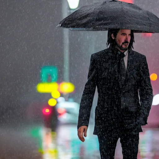 Image similar to keanu reeves walking in the rain on a reflective city street near a red flashing street light, highly detailed face and reflections misty dark close up photograph